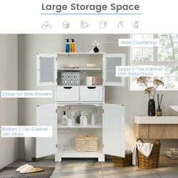 Valkoinen monikäyttöinen kylpyhuonekaappi lasiovilla ja laatikoilla