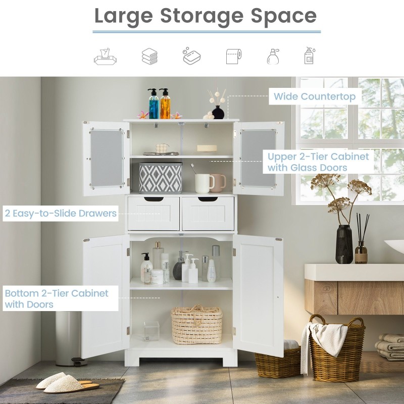 Valkoinen monikäyttöinen kylpyhuonekaappi lasiovilla ja laatikoilla