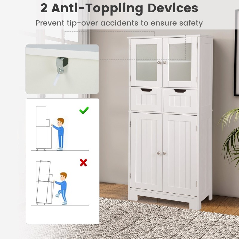Valkoinen monikäyttöinen kylpyhuonekaappi lasiovilla ja laatikoilla
