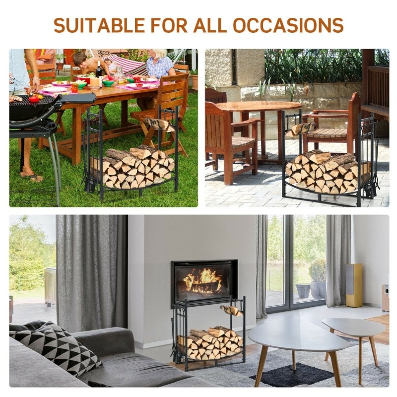 Tukeva musta metallinen polttopuuteline ja työkalusetti