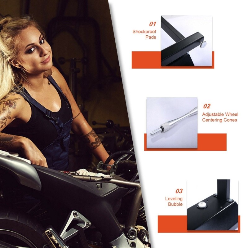 Moottoripyörän pyörän tasapainotin säädettävillä keskitinkartioilla musta