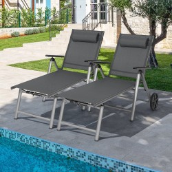 Alumiininen harmaa taitettava aurinkotuoli pyörillä ulkokäyttöön