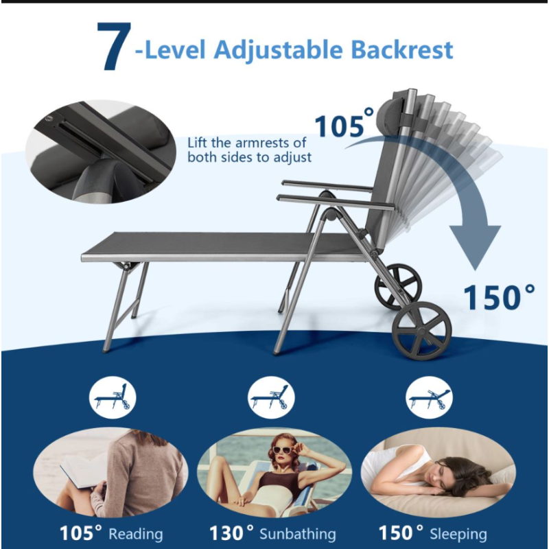 Alumiininen harmaa taitettava aurinkotuoli pyörillä ulkokäyttöön