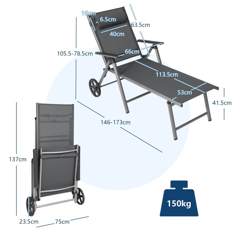 Alumiininen harmaa taitettava aurinkotuoli pyörillä ulkokäyttöön