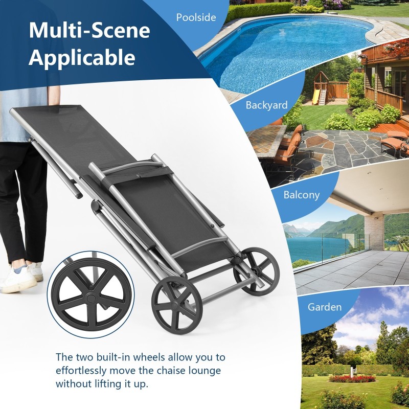 Alumiininen harmaa taitettava aurinkotuoli pyörillä ulkokäyttöön