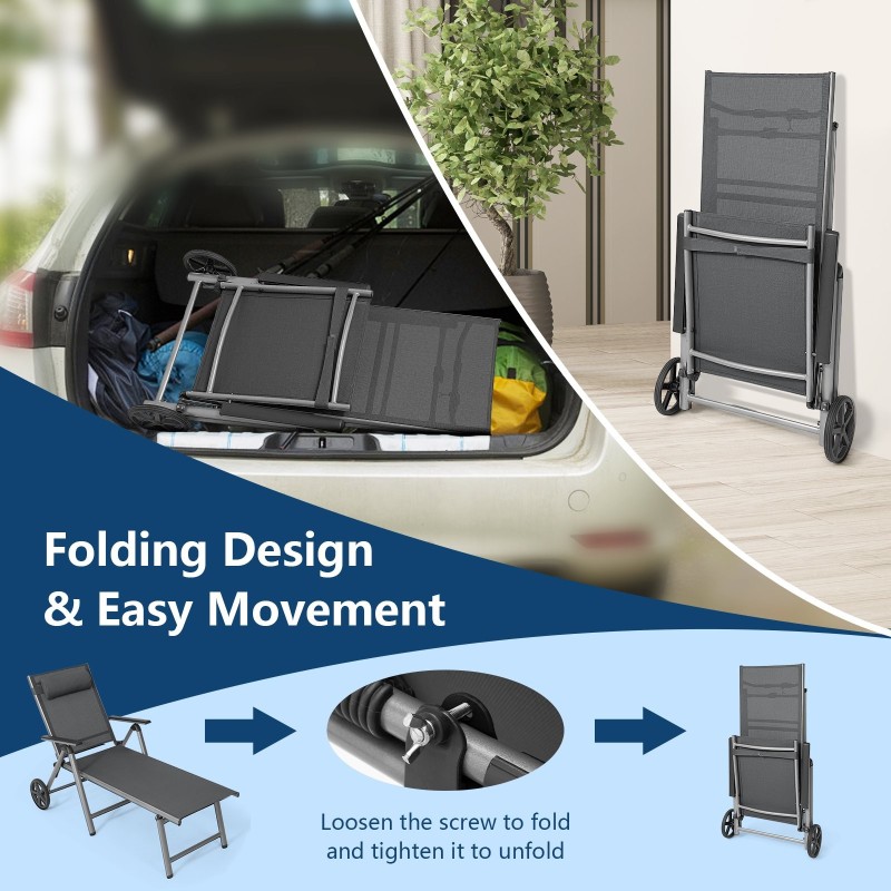 Alumiininen harmaa taitettava aurinkotuoli pyörillä ulkokäyttöön