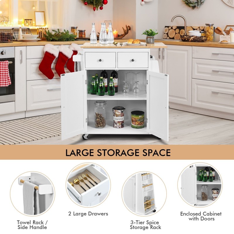 Liikuteltava keittiösaareke valkoisella kumipuupinnalla ja säilytystilalla