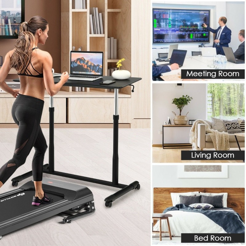 Korkeussäädettävä musta kannettavan tietokoneen pöytä pyörillä ja leveällä pöytälevyllä