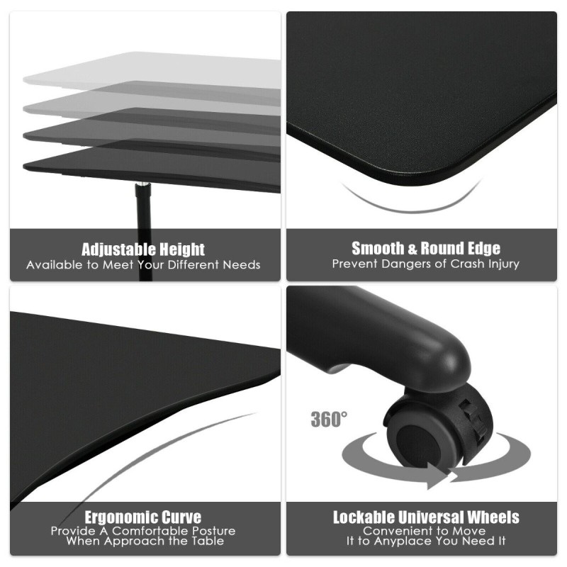Korkeussäädettävä musta kannettavan tietokoneen pöytä pyörillä ja leveällä pöytälevyllä