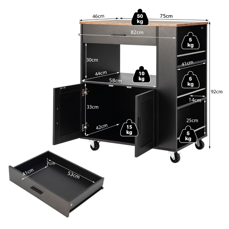 Monikäyttöinen musta keittiövaunu säilytyksellä ja maustehyllyillä