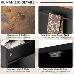 Monikäyttöinen musta keittiövaunu säilytyksellä ja maustehyllyillä