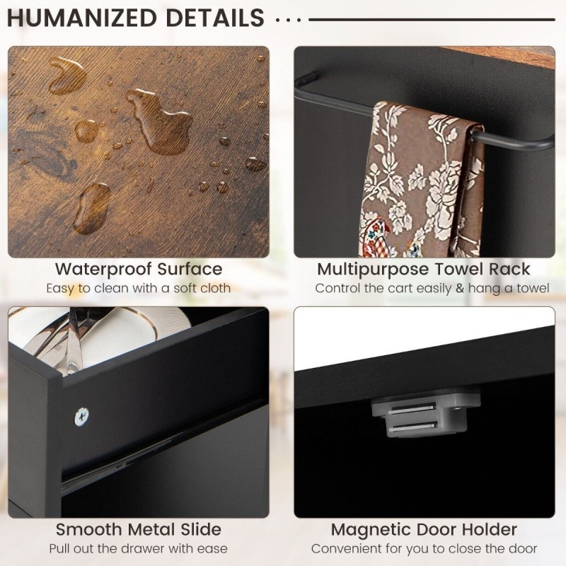 Monikäyttöinen musta keittiövaunu säilytyksellä ja maustehyllyillä