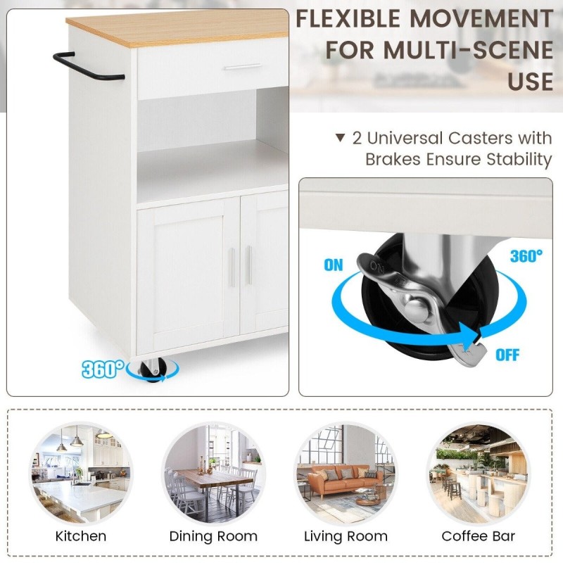 Liikuteltava valkoinen keittiövaunu säilytystilalla ja maustehyllyillä