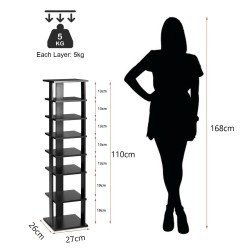 Musta pystysuuntainen kenkäteline 7 hyllyllä