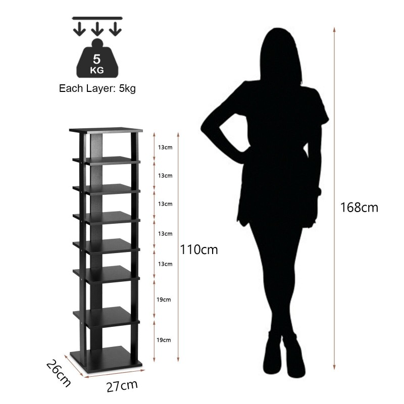 Musta pystysuuntainen kenkäteline 7 hyllyllä
