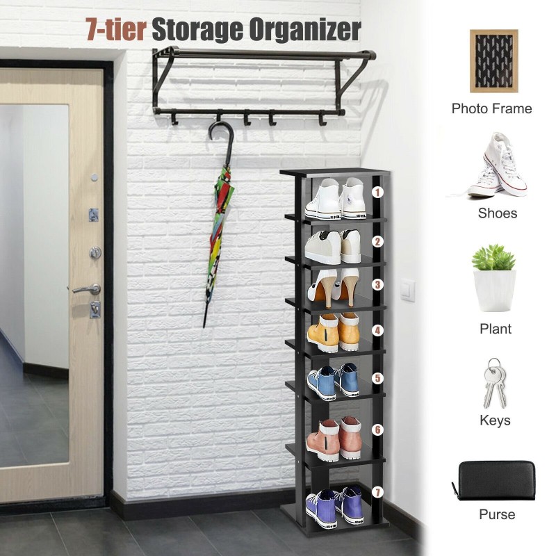 Musta pystysuuntainen kenkäteline 7 hyllyllä