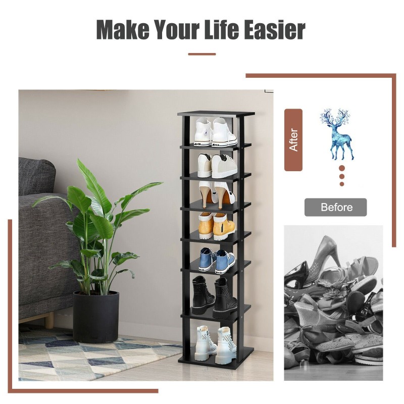 Musta pystysuuntainen kenkäteline 7 hyllyllä