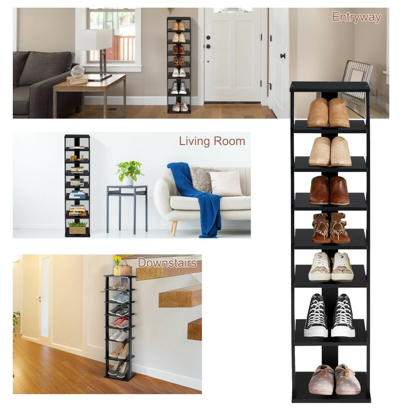 Musta pystysuuntainen kenkäteline 7 hyllyllä