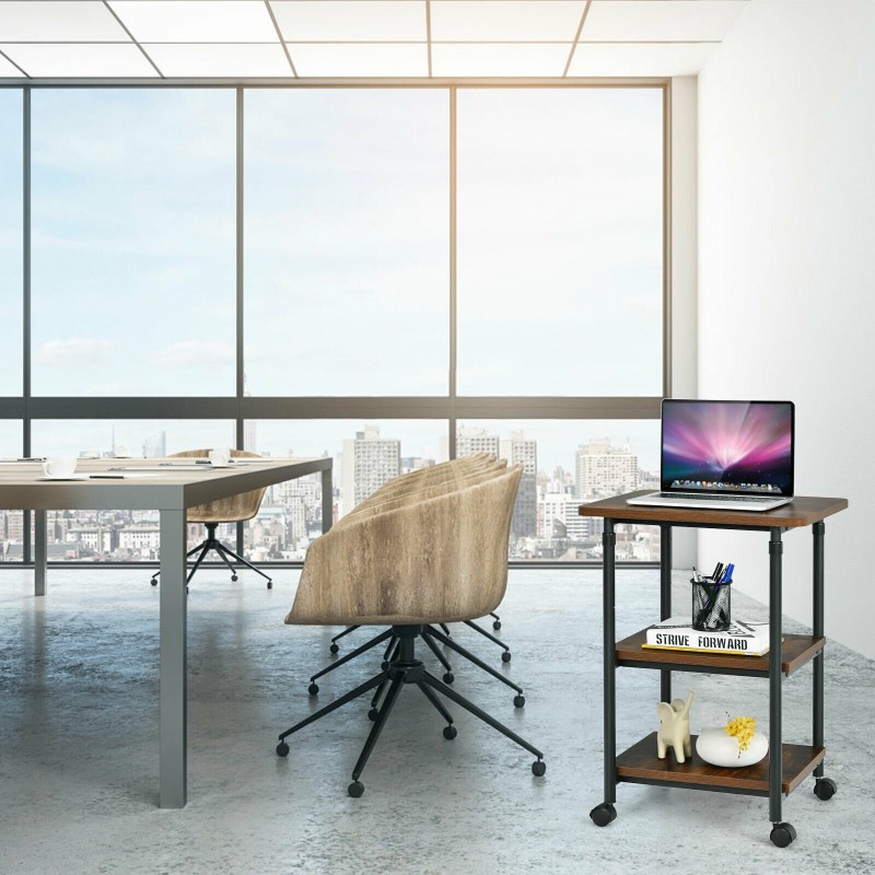 Kolmitasoinen säädettävä tulostinteline pyörillä, ruskea