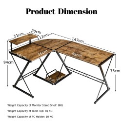 L-muotoinen kulmapöytä, jaettava, ruskea, puu ja metalli