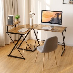 L-muotoinen kulmapöytä, jaettava, ruskea, puu ja metalli