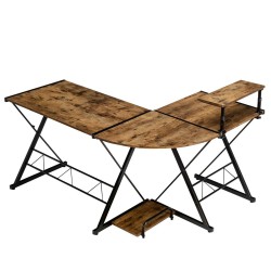 L-muotoinen kulmapöytä, jaettava, ruskea, puu ja metalli