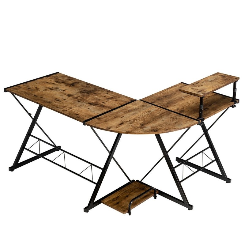 L-muotoinen kulmapöytä, jaettava, ruskea, puu ja metalli