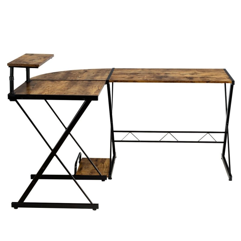 L-muotoinen kulmapöytä, jaettava, ruskea, puu ja metalli