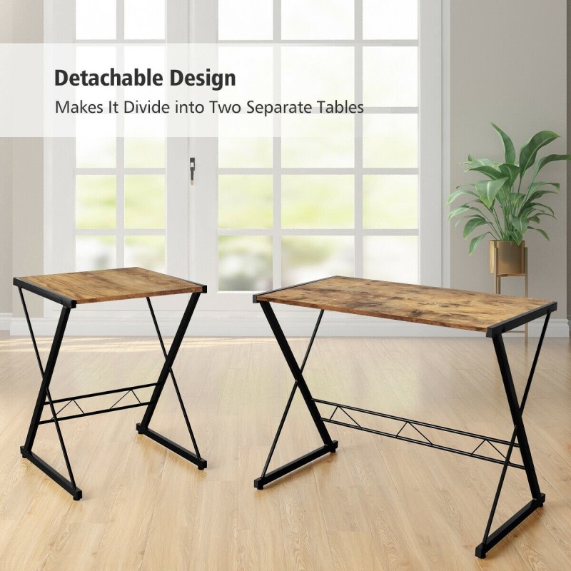 L-muotoinen kulmapöytä, jaettava, ruskea, puu ja metalli