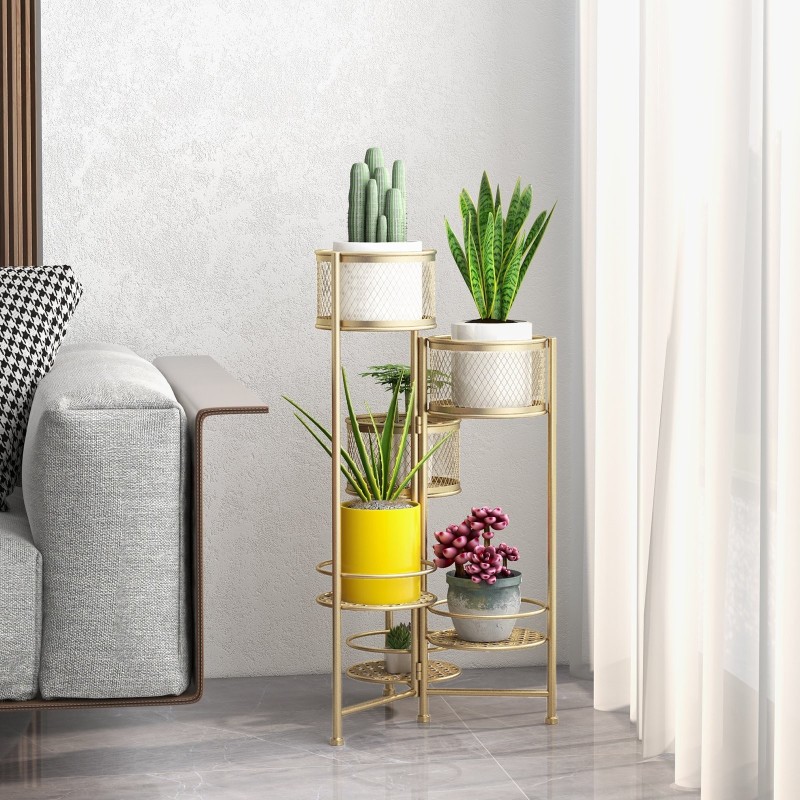Kokoontaitettava kultainen metallinen 6-tasoinen kukkateline
