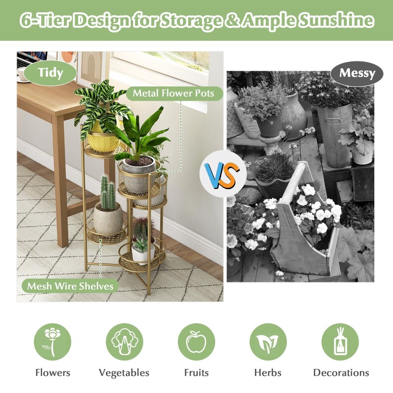 Kokoontaitettava kultainen metallinen 6-tasoinen kukkateline