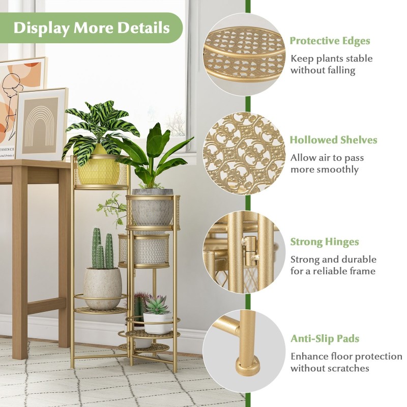 Kokoontaitettava kultainen metallinen 6-tasoinen kukkateline