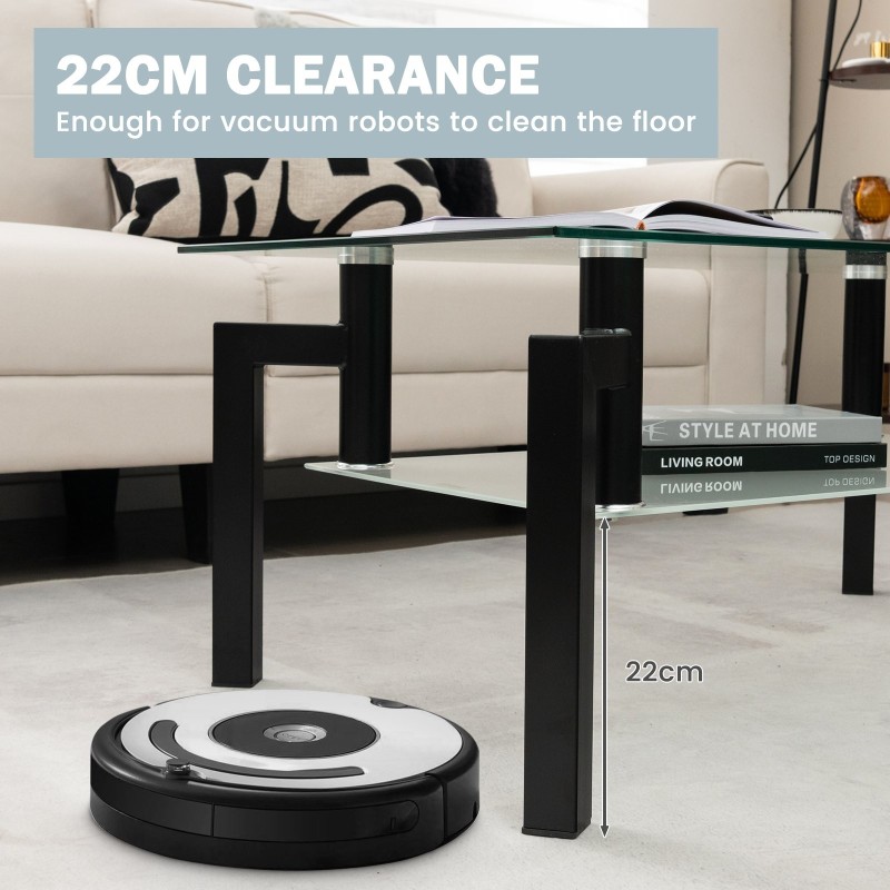 Kaksitasoinen musta lasinen sohvapöytä metallijaloilla Kaksitasoinen musta lasinen sohvapöytä metallijaloilla