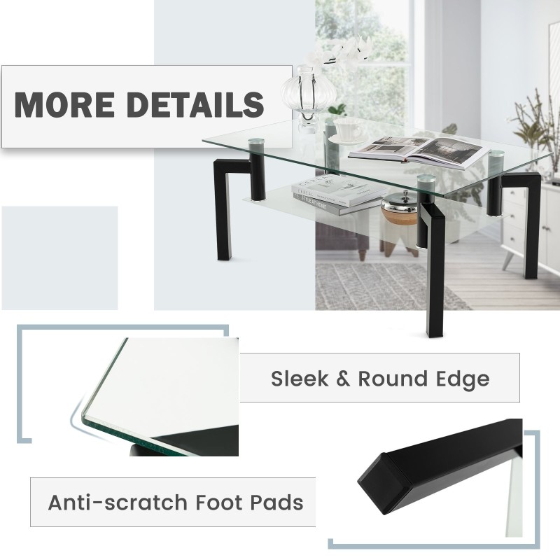 Kaksitasoinen musta lasinen sohvapöytä metallijaloilla Kaksitasoinen musta lasinen sohvapöytä metallijaloilla