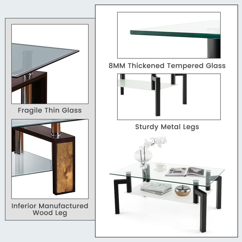 Kaksitasoinen musta lasinen sohvapöytä metallijaloilla Kaksitasoinen musta lasinen sohvapöytä metallijaloilla