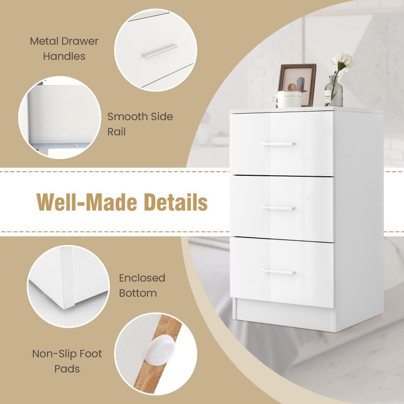 Valkoinen 3-laatikkoinen puinen lipasto kaatumisenestolla