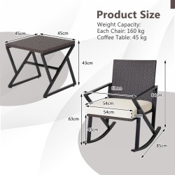 Kolmen osan ruskea rottinkinen bistrosetti keinutuoleilla