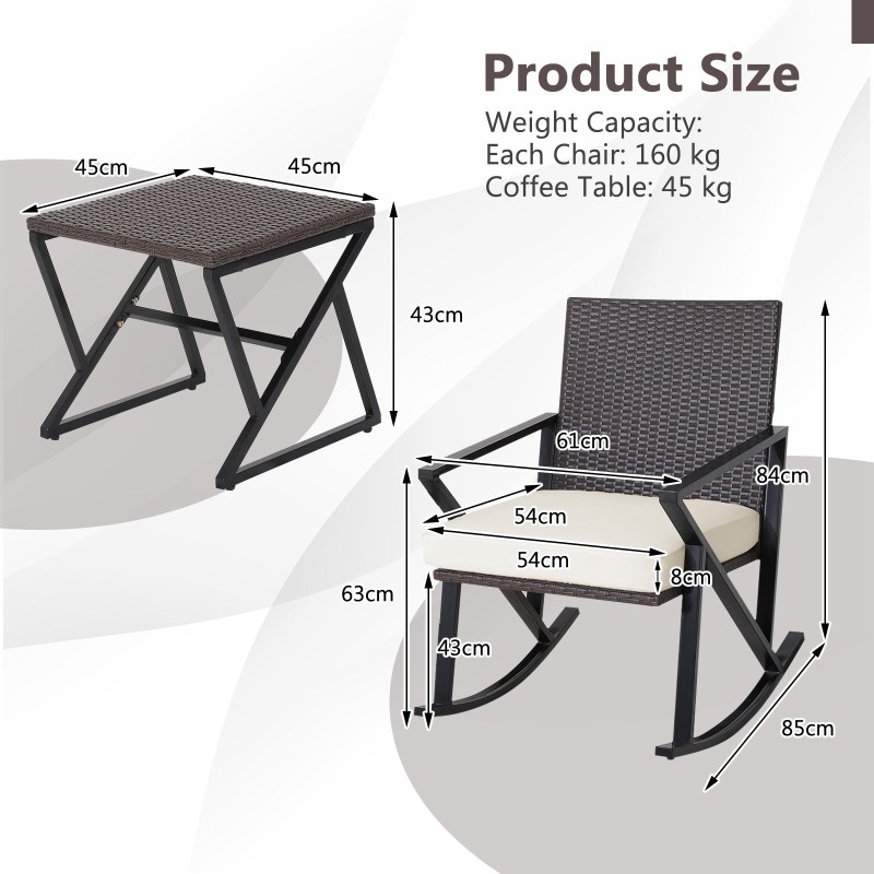 Kolmen osan ruskea rottinkinen bistrosetti keinutuoleilla