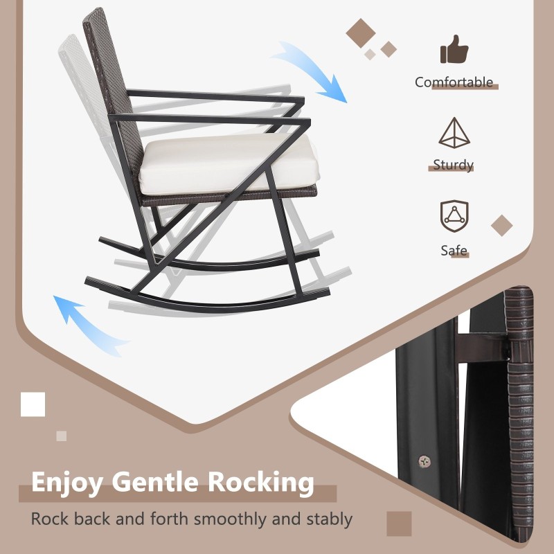 Kolmen osan ruskea rottinkinen bistrosetti keinutuoleilla