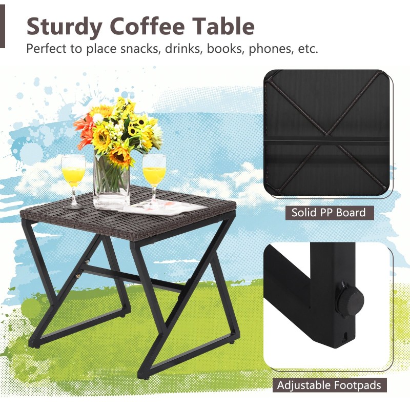 Kolmen osan ruskea rottinkinen bistrosetti keinutuoleilla