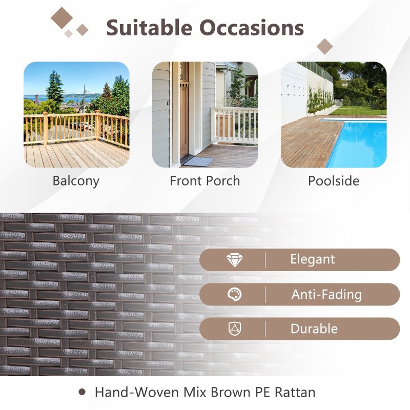 Kolmen osan ruskea rottinkinen bistrosetti keinutuoleilla