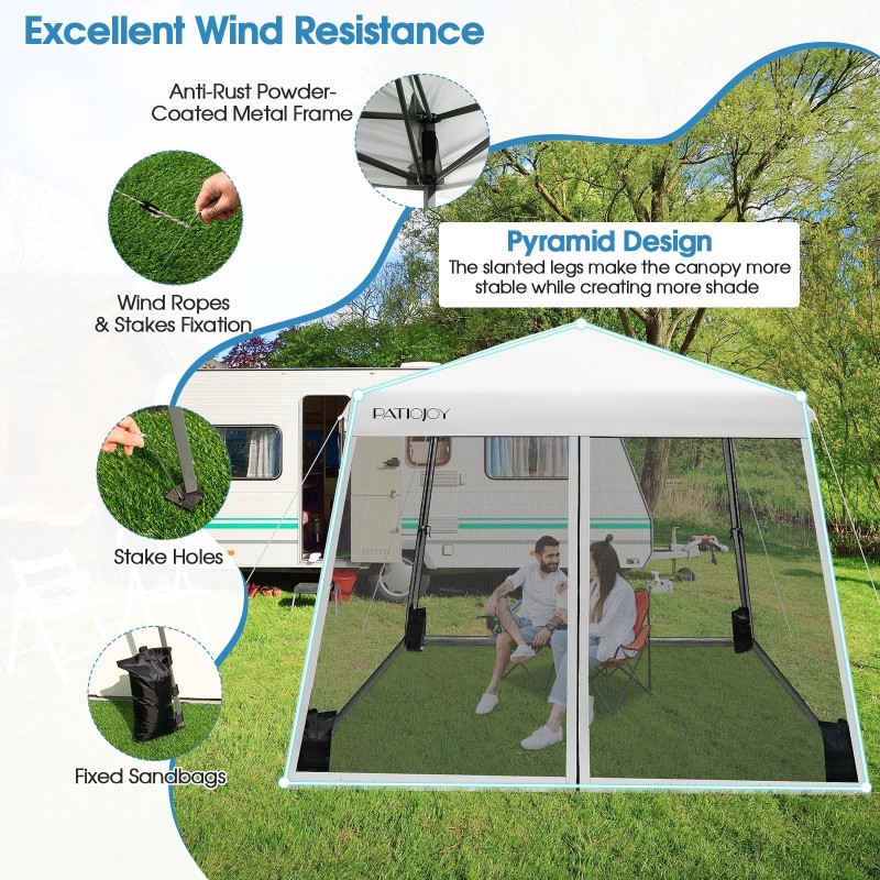 Valkoinen pikapystytettävä ulkokatos verkkoseinillä