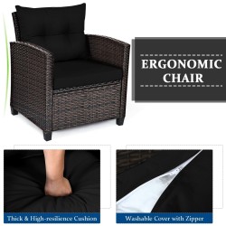 Kolmiosainen musta rottinkinen parvekekalustesetti pehmusteilla