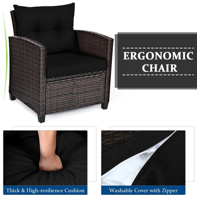 Kolmiosainen musta rottinkinen parvekekalustesetti pehmusteilla