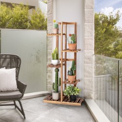 Monitasoinen ruskea mäntyinen kukkateline kuudelle ruukulle