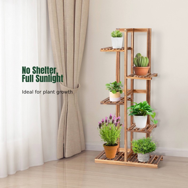 Monitasoinen ruskea mäntyinen kukkateline kuudelle ruukulle