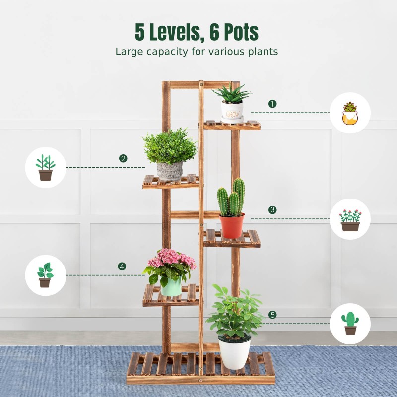 Monitasoinen ruskea mäntyinen kukkateline kuudelle ruukulle