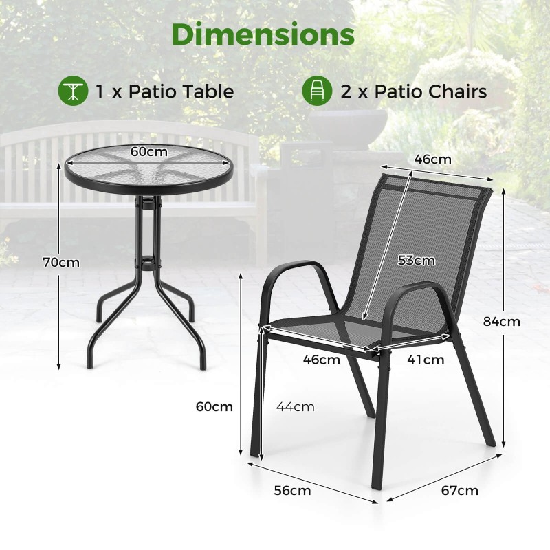 Kolmen osan ulkobistrosarja harmaa pinottavilla tuoleilla