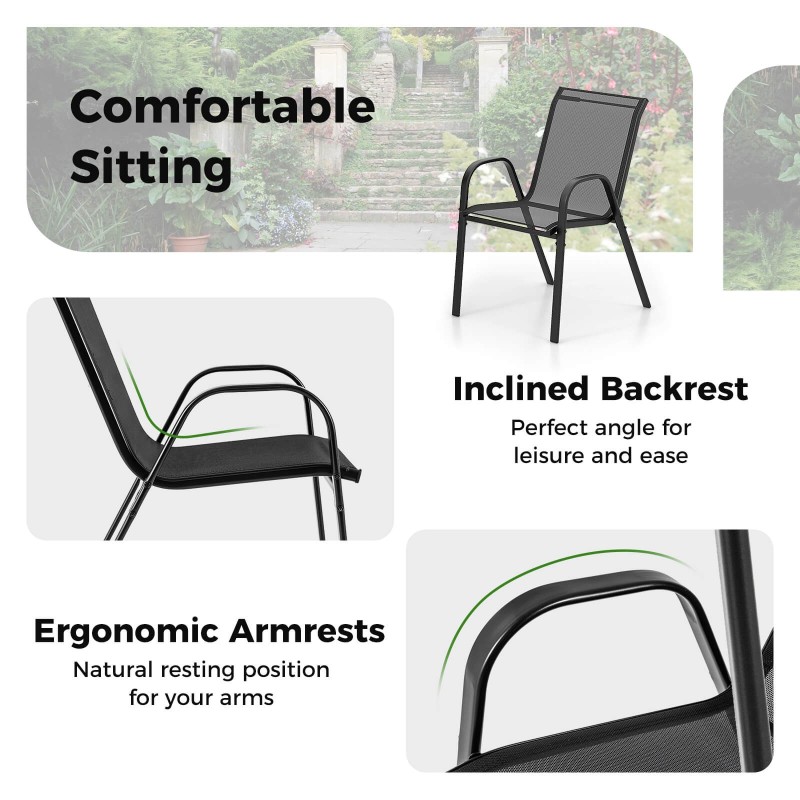 Kolmen osan ulkobistrosarja harmaa pinottavilla tuoleilla