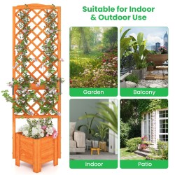 Oranssi korkea puutarhapenkki säleiköllä ja istutuslaatikolla